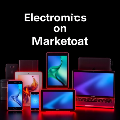 Various electronic devices including smartphones, tablets, and laptops with red glowing edges against a dark background, representing electronics available on the marketplace.