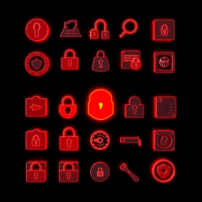 A collection of digital security tools and software packages represented as glowing red icons against a black background, showing encryption, anonymity, and security software products.