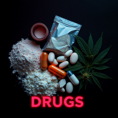 A variety of illicit drugs in powder, pill, and plant form, displayed with cyberpunk red neon highlights on a dark background, representing the drugs category.