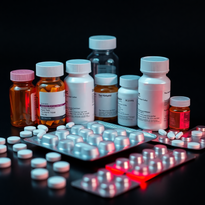 A variety of pharmaceutical products, including prescription pills and blister packs, with cyberpunk red neon highlights on a dark background, representing the pharma category.