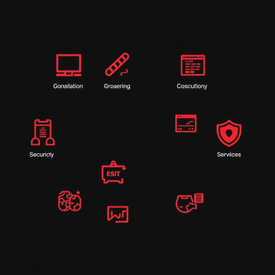 Various security-focused services represented by abstract red icons against a black background, showing concepts like penetration testing, security auditing, and digital protection services.